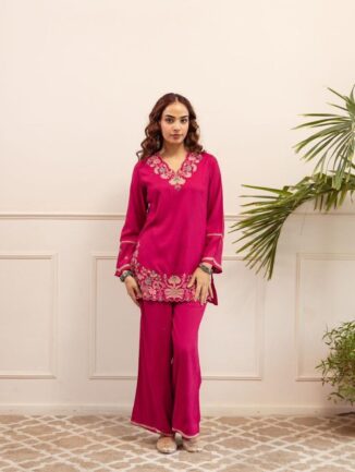 Deep Magenta Festive Co-ord Set with Scalloped Embroidery