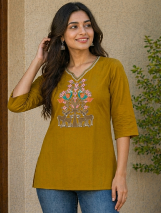 Mustard Yellow Embroidered Short Kurti