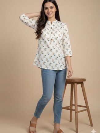 Ivory Floral Print Short Kurti