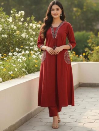 Rust Crimson A-Line Kurta Set with Embroidered Pockets