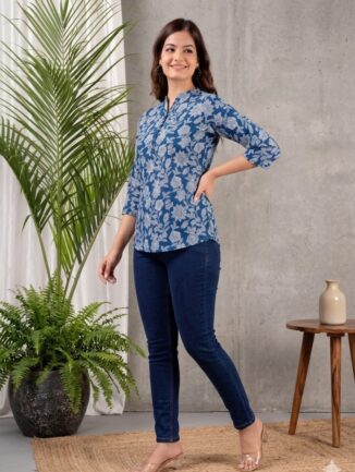 Indigo Blue Floral Print Short Kurti
