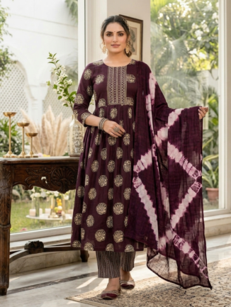 Open media 1 in modal Wine Printed Anarkali Kurta Set with Tie-Dye Dupatta (3-Piece Set)
