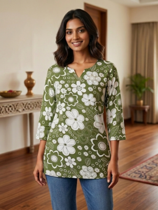 Olive Green Floral Short Kurti