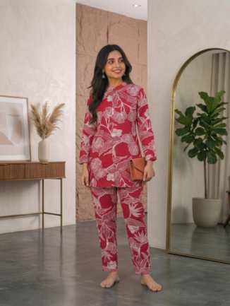 Women’s Floral Print Co-Ord Set – Red