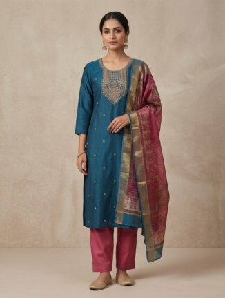 Open media 1 in modal Teal Embroidered Kurta Set with Contrast Dupatta (3-Piece Set)