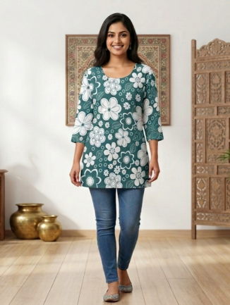 Teal Green Floral Short Kurti