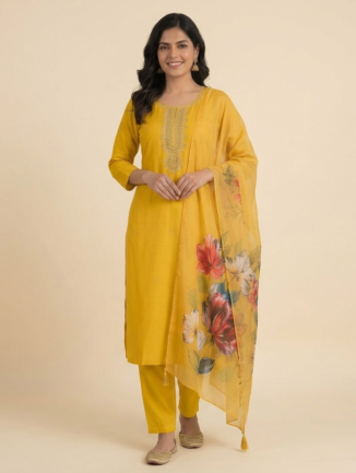 Mustard Floral Printed Kurta Set with Dupatta