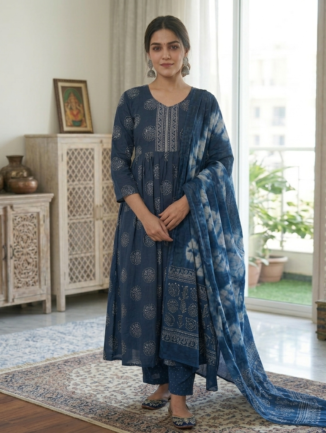 Elegant Indigo Printed Kurta Set with Dupatta
