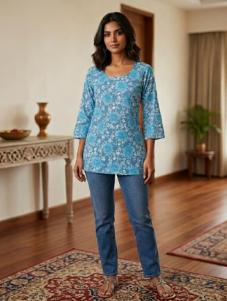 Teal Blue Tie-Up Short Kurti