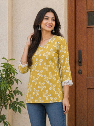 Mustard Yellow Floral Short Kurti