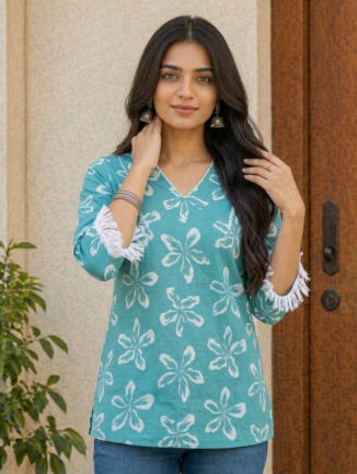 Sea Green Floral Short Kurti