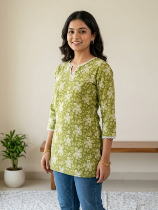 Olive Green Floral Short Kurti