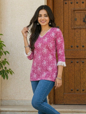 Rose Pink Floral Short Kurti