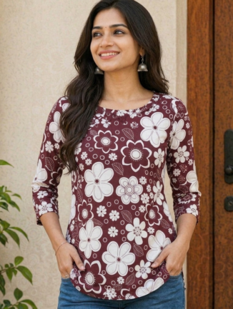Wine Maroon Floral Printed Short Kurti